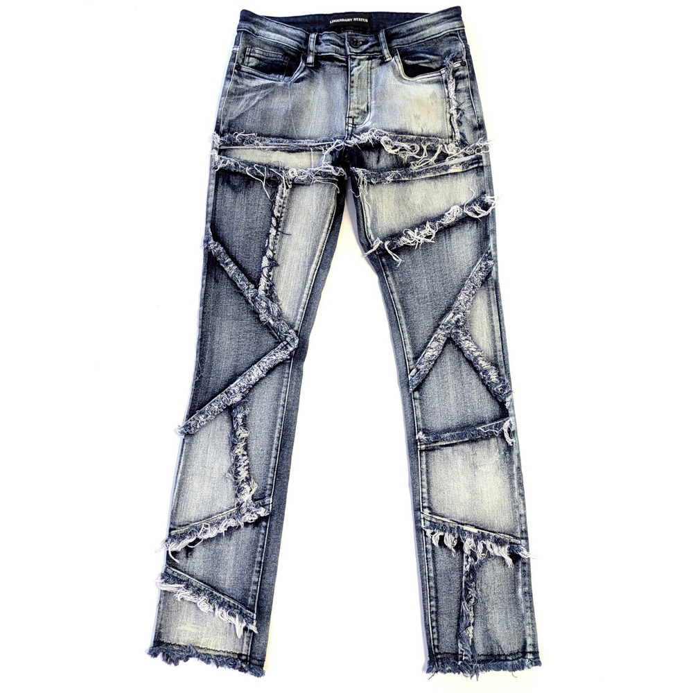 Legendary Status Mens Distressed Patchwork Fringe Denim Jeans Blue Size 30 x 32